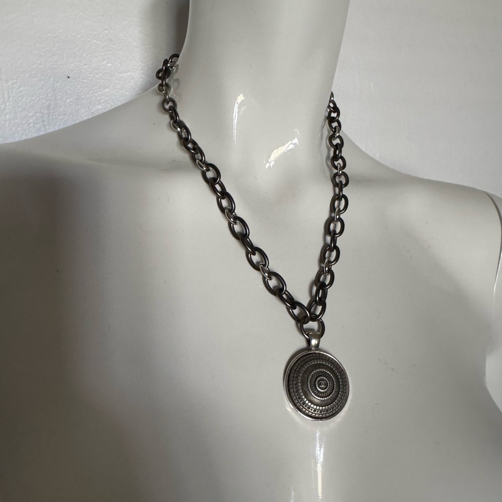 Vintage Chanel Necklace Marked CC Silver Chain 1” Pendant